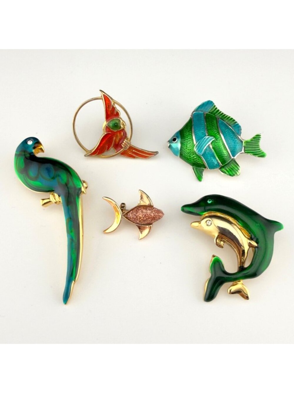 Tropical Enamel Brooch Lot M Jent Fish Pin Pendant Parrot Dolpins Green Blue